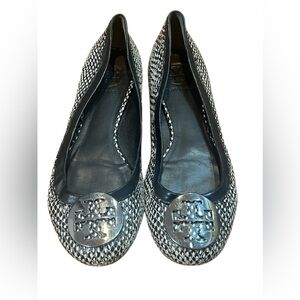 Tory Burch Reva Snake Print Leather Ballet Flats Women’s Size 8 Black/White